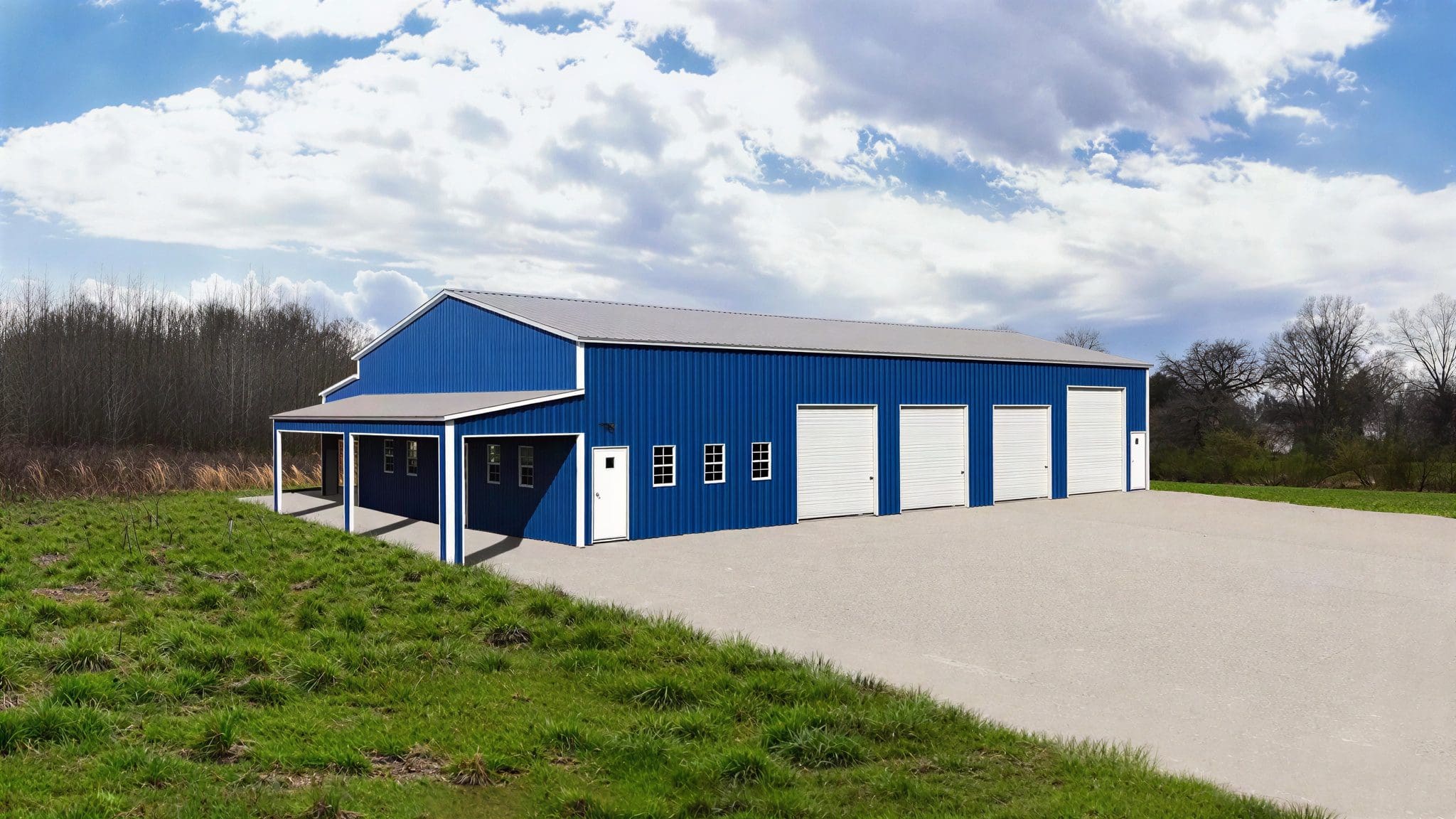Blue warehouse with multiple garage doors.