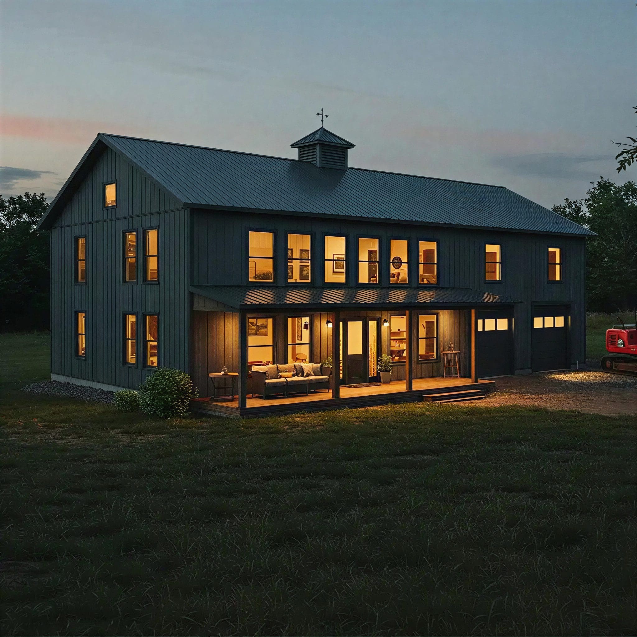 Large house with warm lights at dusk.