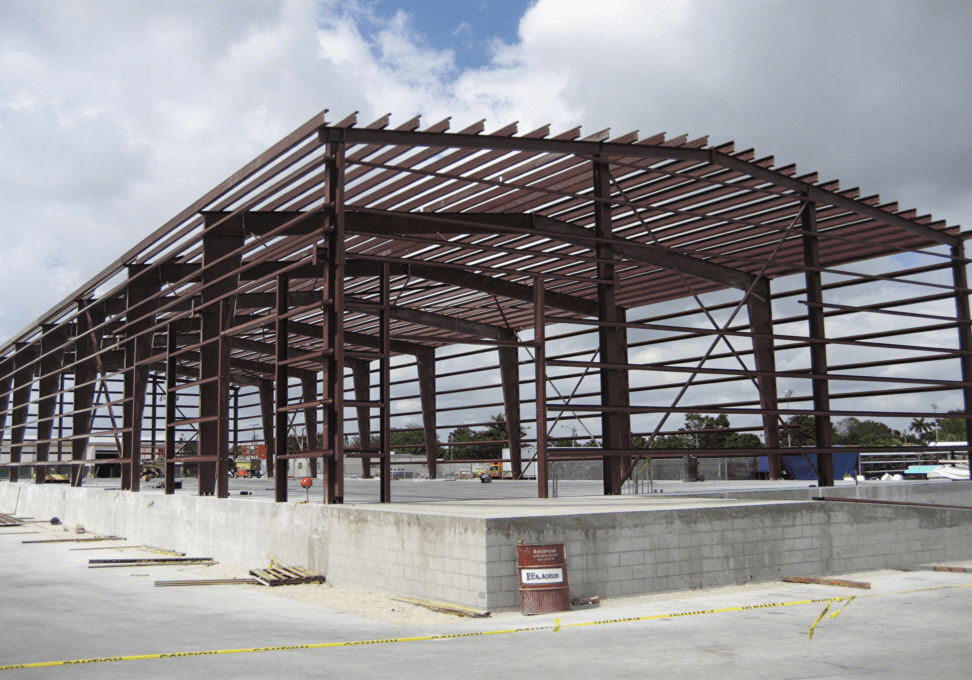 Steel structure of a building under construction.