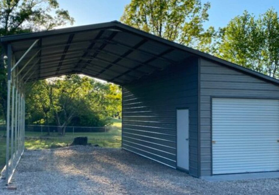 Outdoor metal shelter with garage door