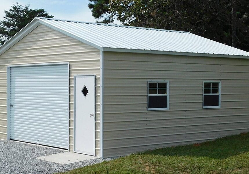 Simple outdoor metal structure with two windows.
