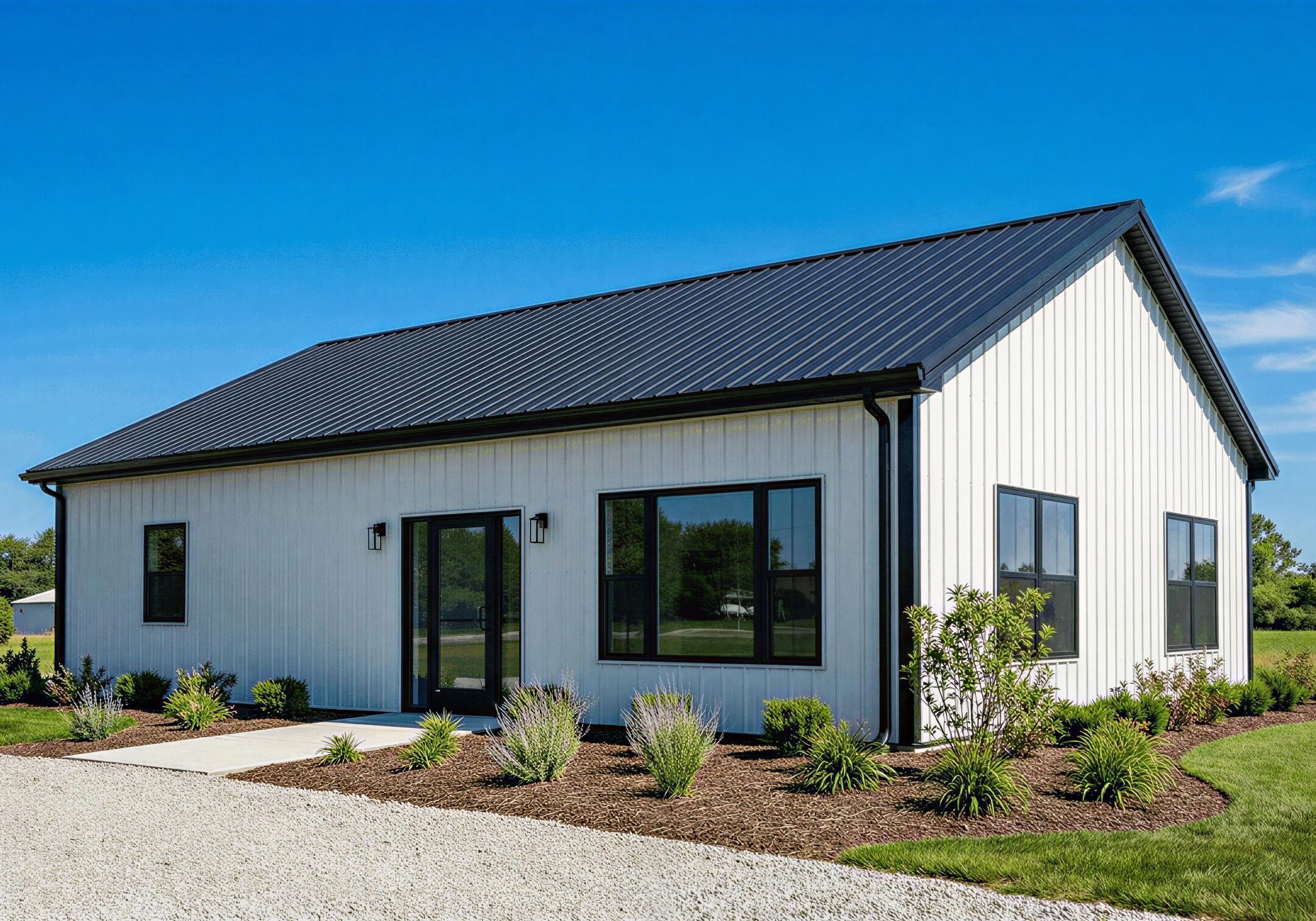 White house with black roof and windows.
