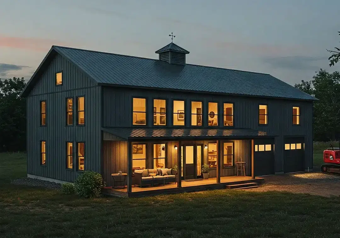 Modern barn-style house at dusk.
