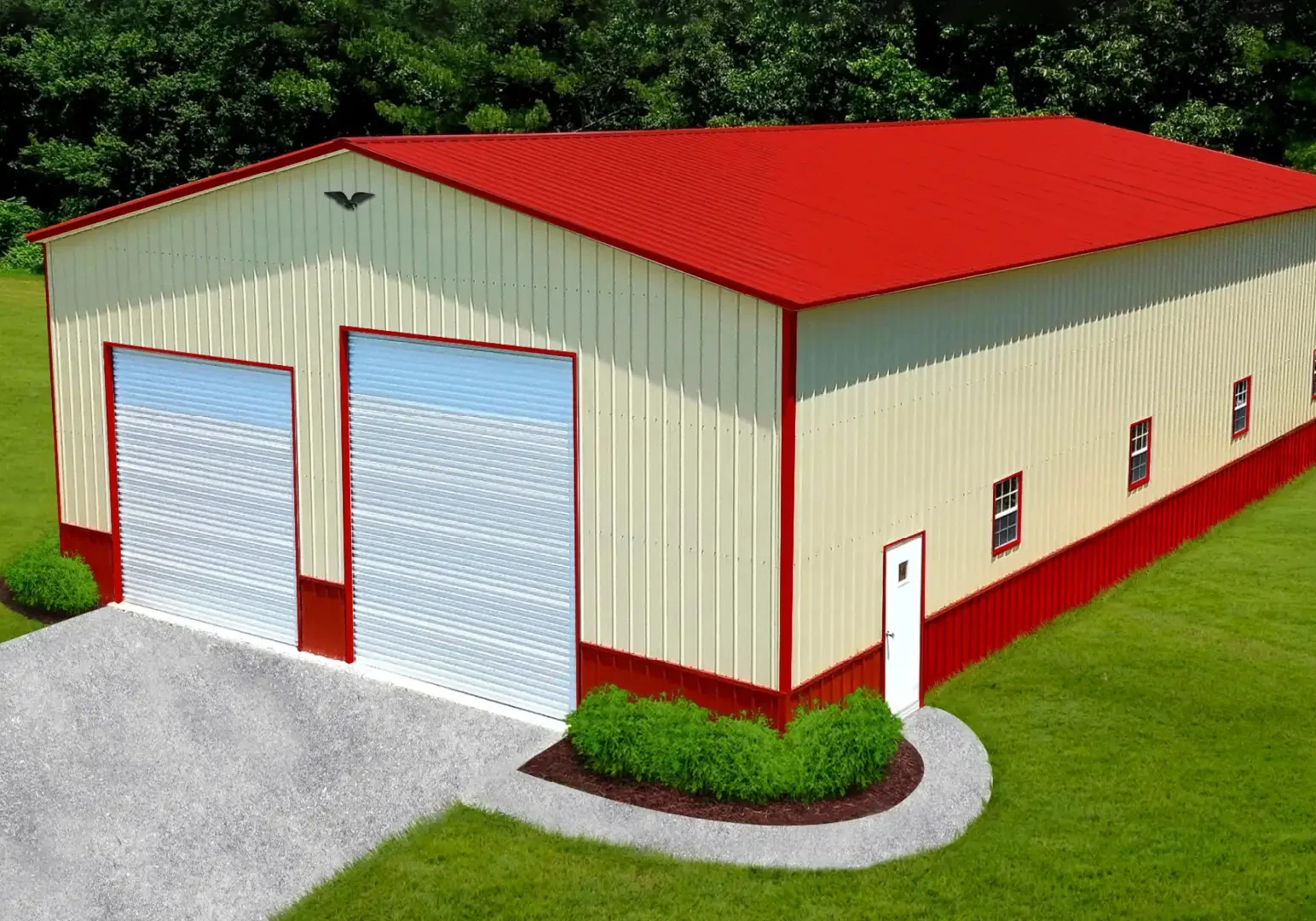 Red and beige metal building with doors.