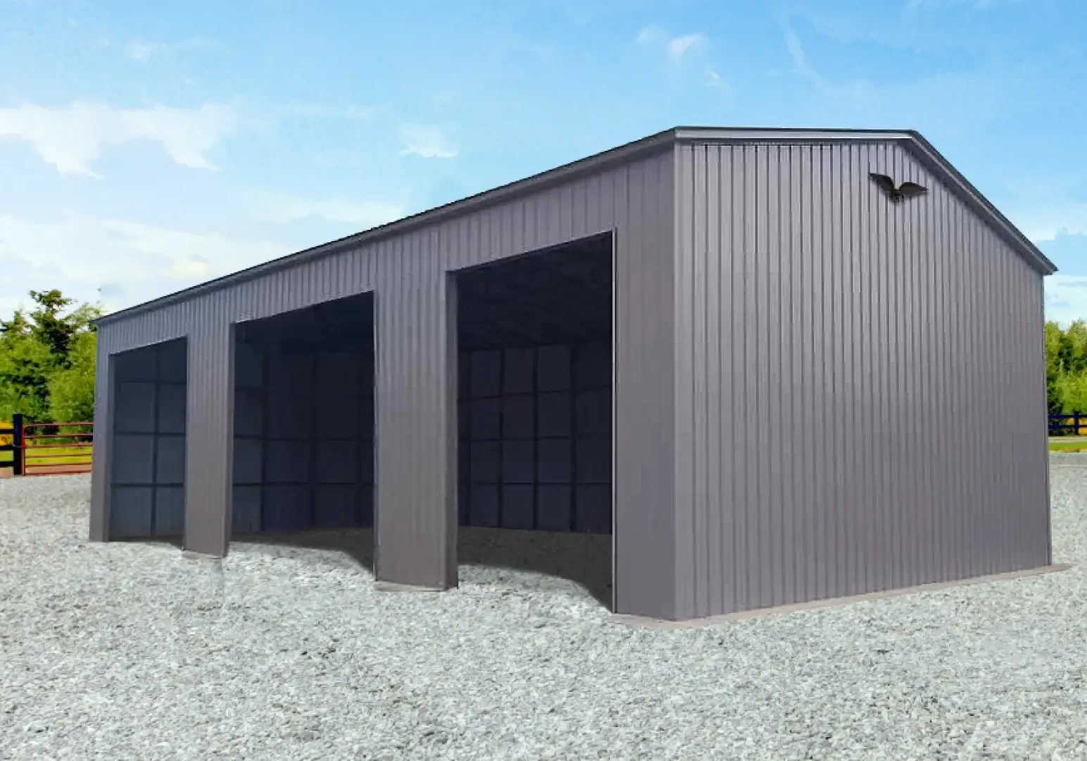 Gray metal shed with three open bays.