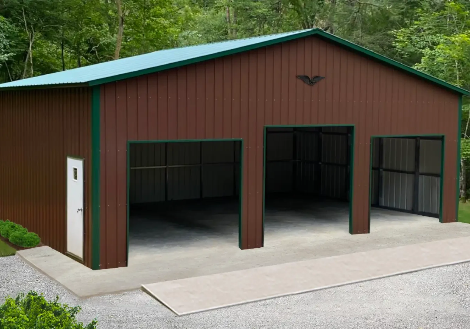 Brown metal garage with open doors.