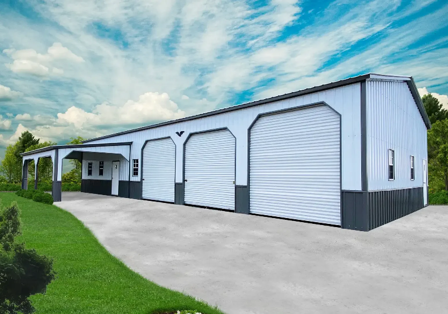 Large white metal building with garage doors.