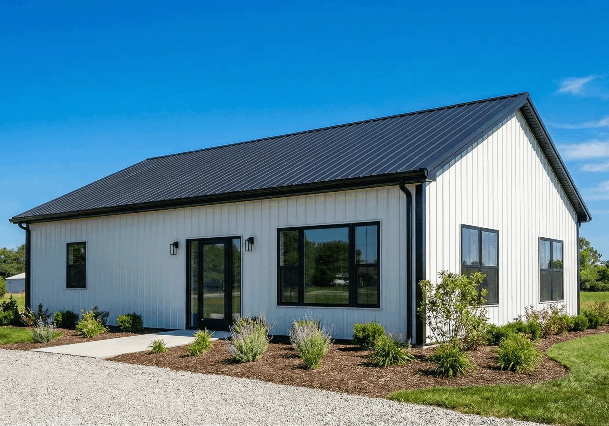 Modern white house with black roof.