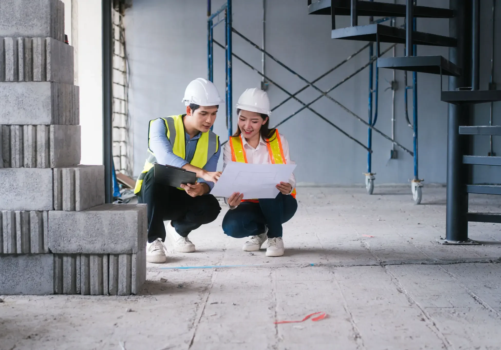 Construction workers reviewing building plans together.