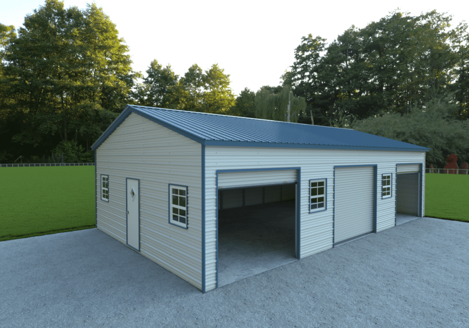 Metal garage with three doors