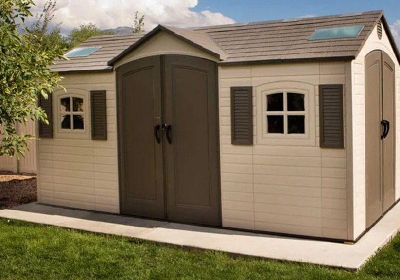 Outdoor storage shed with double doors