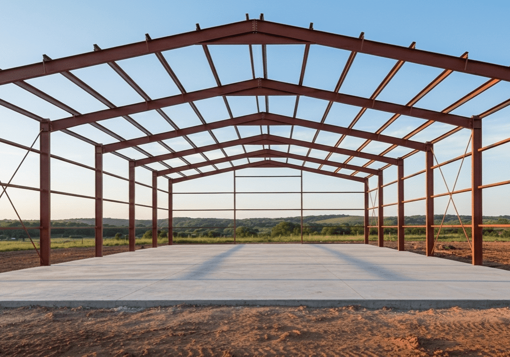 Steel frame of a building under construction.