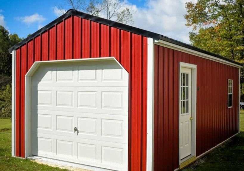 Red metal garage with white door
